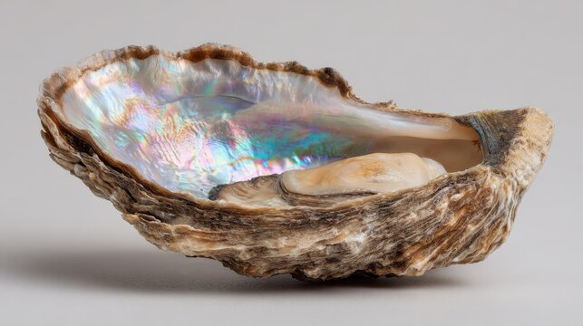 Iridescent abalone shell close-up, natural seashell texture in pearly blue green tones, coastal decor background photo