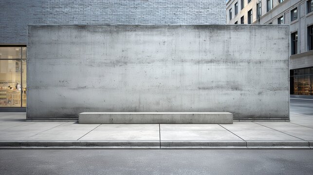 Modern concrete wall facade, empty urban sidewalk and bench, minimalist city street background for advertising banner