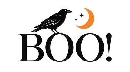 Naklejka premium Halloween raven bird perched on boo text with orange crescent moon and stars, festive spooky holiday graphic design