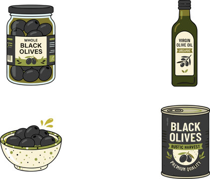 Canned Black Olives Jar and Extra Virgin Olive Oil Bottle Vector Icon Set for Grocery Food Packaging Branding