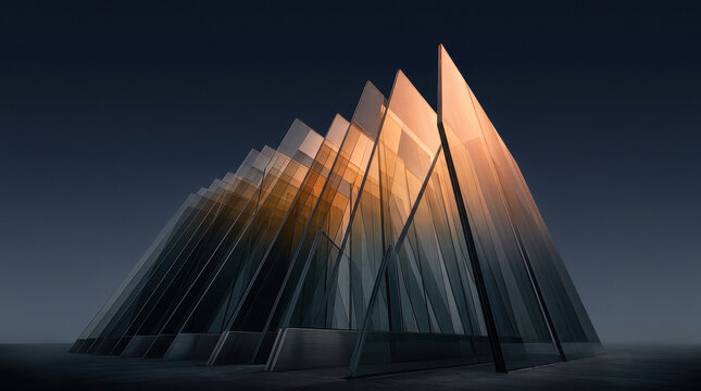 Modern Translucent Glass Architectural Structure with Reflective Surfaces at Sunset