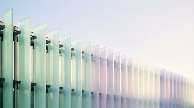 Modern Architectural Facade with Gradient Translucent Glass Louvers against Clear Sky