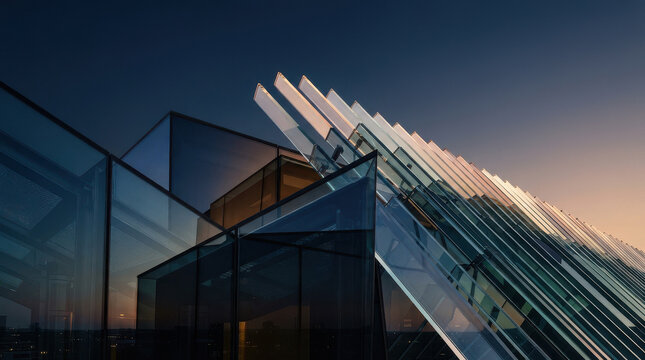 Abstract Glass Monoliths of Modern Architecture at Sunset Glow