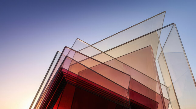 Layered Translucent Glass Panels Creating Modern Architectural Design against Twilight Sky.