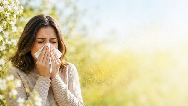 Young woman sneezing outdoors during spring allergy season with airborne pollen and blooming trees background