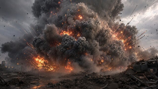 Massive explosion with towering fireball black smoke and flying debris creating dramatic disaster destruction scene
