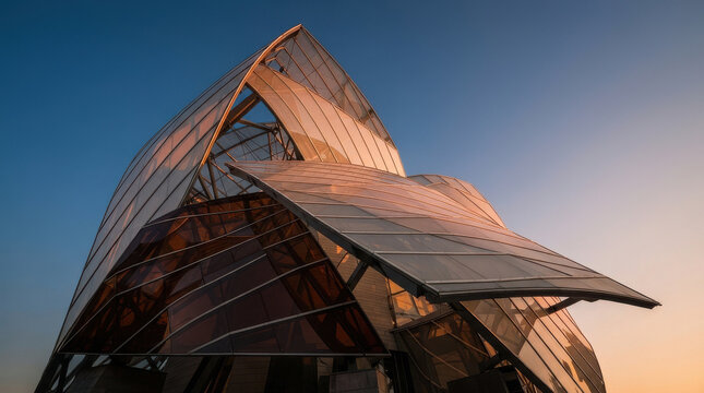 Modern Translucent Glass Sails Overlapping Architecture at Sunset