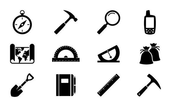 Geology and Surveying Icons Set: Compass, Hammer, Magnifying Glass, Map, Protractor, Clinometer, Bags, Shovel, Notebook, Ruler, Pickaxe, Mobile Phone