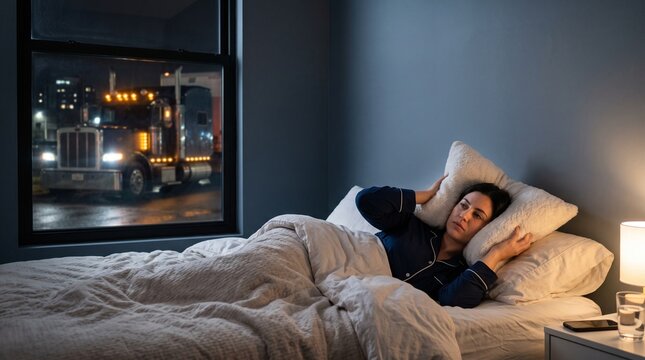 Frustrated woman in bed covering ears from truck noise