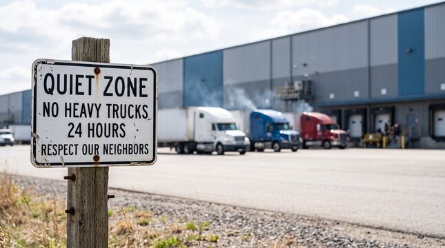 Quiet zone warning sign near industrial warehouse with semi trucks