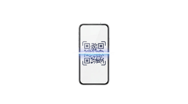 Digital QR code scanning on smartphone screen, mobile phone barcode reader with blue laser line, secure contactless payment technology isolated PNG with Transparent Background