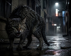 Fototapeta premium A one-eyed stray cat with arched back growling in a rain-soaked empty alley.