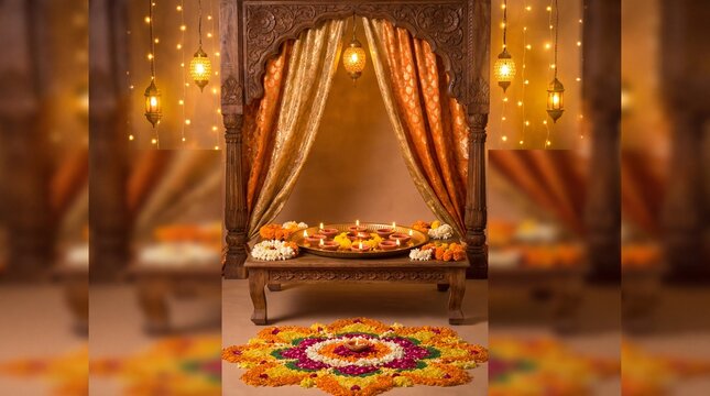 Traditional diwali home decoration with glowing oil lamps and colorful rangoli art for the festival of lights