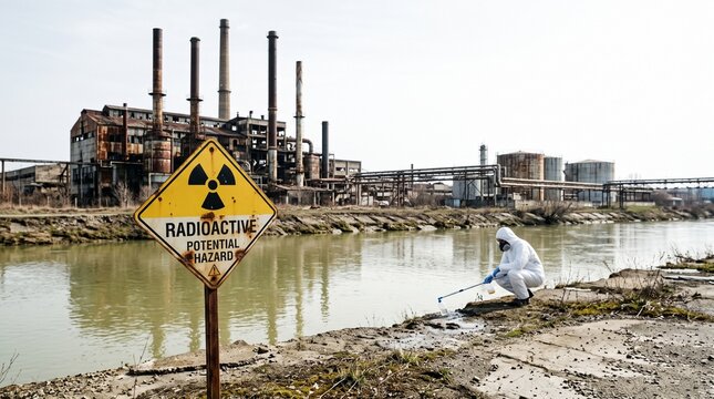 Scientist in hazmat suit taking water samples near industrial site