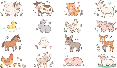Fototapeta premium Cute Kawaii Farm Animal Character Vector Illustration Set Featuring Sheep Cow Cat Goat Duck Rabbit Pig Horse Chick Donkey Deer and Lamb