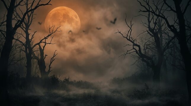 Spooky full moon night in a dark misty forest with bare trees and flying bats creating a mysterious and eerie halloween atmosphere for backgrounds and concepts.