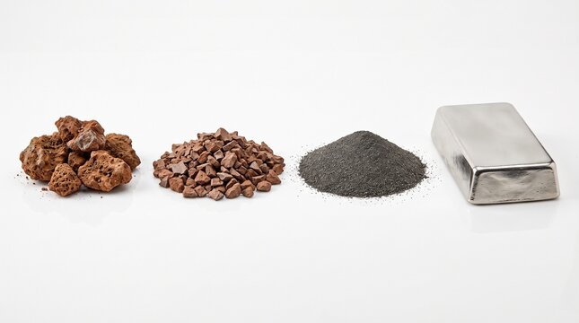 A realistic collection of nickel materials featuring laterite ore, saprolite, sulfide ore, crushed fragments, concentrate, pellets, refined nickel ingots, metal plates, granules, and recycled scrap. I