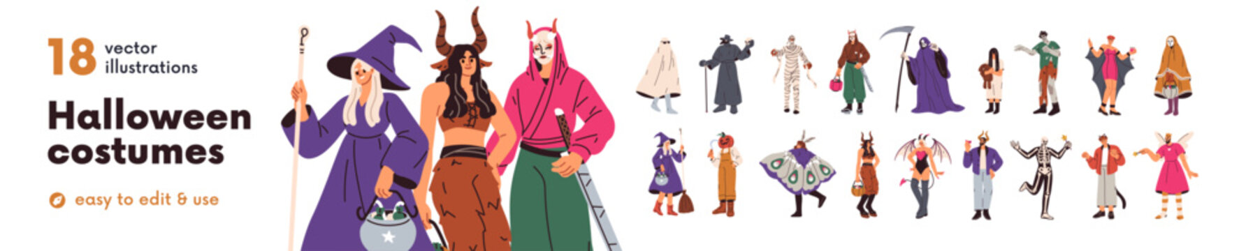 People in spooky Halloween costumes set. Characters in carnival holiday outfits of witch, ghost, mummy. Helloween masquerade, creepy festival. Flat vector illustrations isolated on white background.