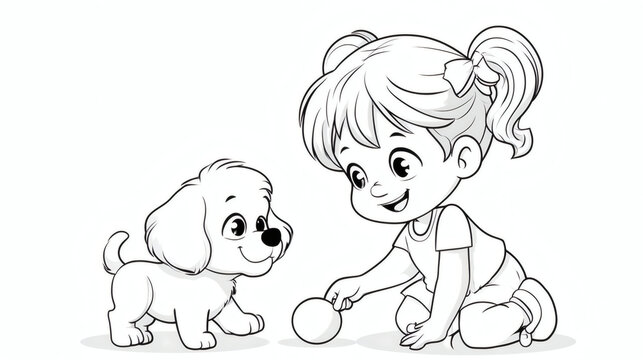 Cute cartoon illustration of a little girl playing with a puppy and a ball. Black and white vector drawing perfect for coloring pages and children's books.