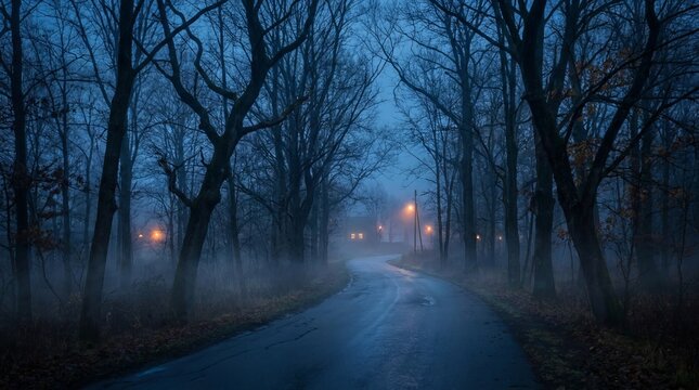 Narrow empty asphalt road winding through dark misty autumn forest under blue twilight sky with glowing house lights visible in distance for moody travel background scenery.