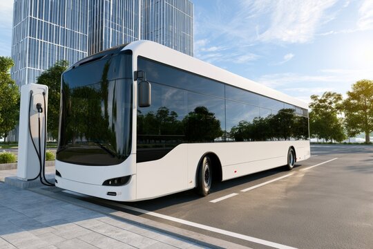 Electric bus charging in urban area during sunny day