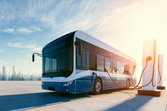 Electric bus charging at a station during a sunny day in a city environment