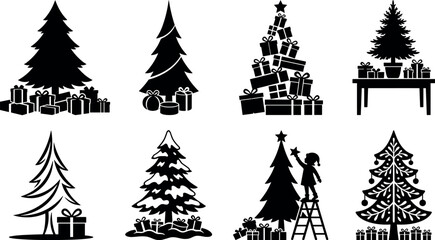 Obraz premium Christmas Tree Silhouette Set with Holiday Presents and Child Decorating for Festive Laser Cut Crafts