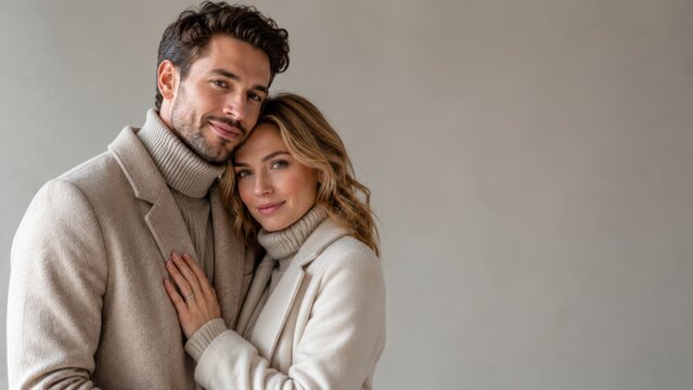 Affectionate young couple embracing closely in elegant neutral winter clothing, touching and looking calmly at camera, soft minimal interior, concept of love, romance, intimacy and winter fashion