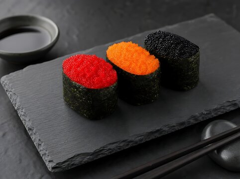 Gunkan sushi topped with red orange and black tobiko roe on stone plate for gourmet japanese dining concept