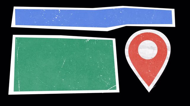 Blank directional road signs and location pin icon on black background.