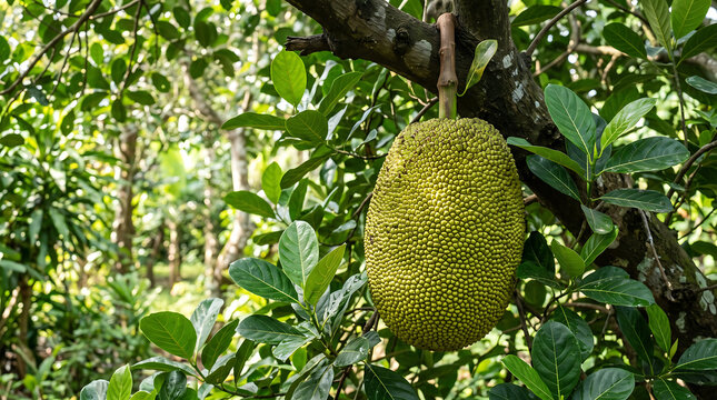 Exotic jackfruit hanging prominently from a lush green tree branch in a vibrant tropical plantation, showcasing its unique texture and natural growth in an idyllic, sun-drenched environment