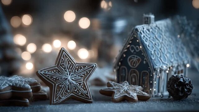 Christmas gingerbread cookies with festive bokeh lights background.