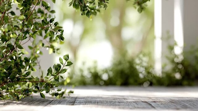 Empty wooden platform in a bright garden with soft sunlight.