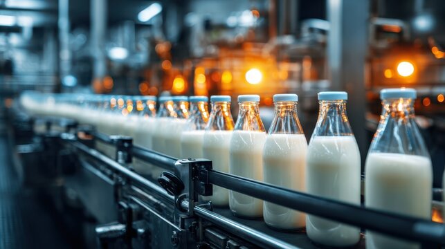 Industrial dairy production line with milk bottles, automated factory conveyor system, stainless steel food processing equipment