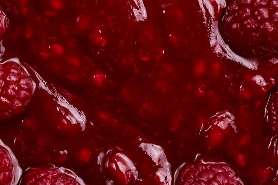Fresh raspberries in a bright red sauce on a surface