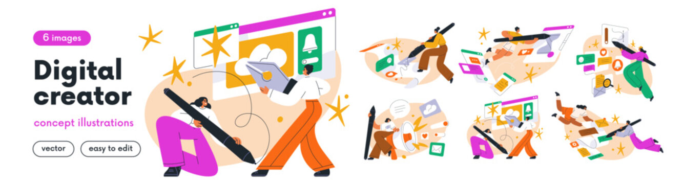 Digital content creators, designers at work set. App, web site, social media, interface, marketing design development. Tiny people with stylus. Flat vector illustrations isolated on white background.