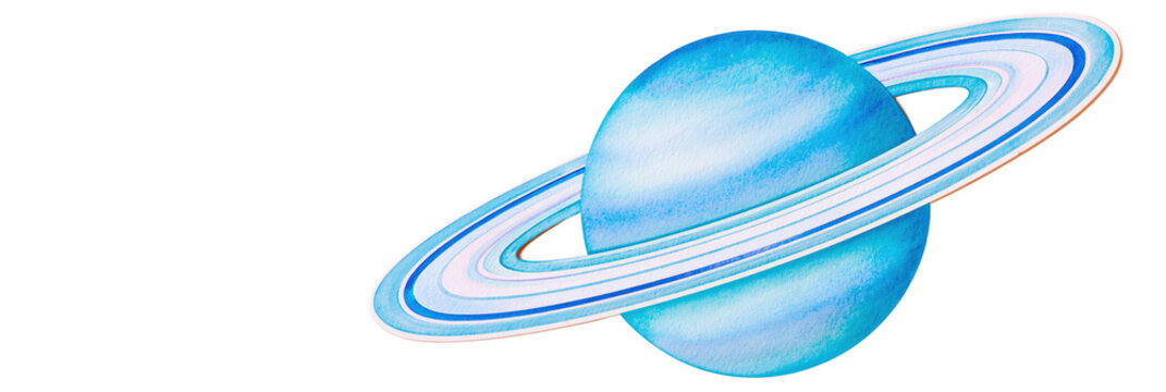 Blue ringed planet sphere with stripes isolated on transparent background PNG element
