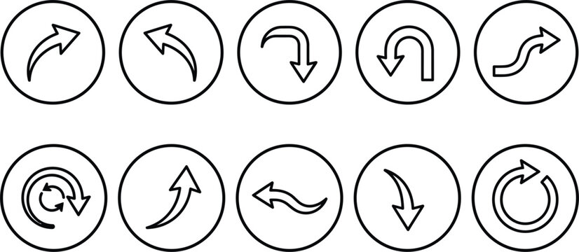 Curved directional arrow line icon set featuring undo redo u turn refresh circular navigation symbol vector elements