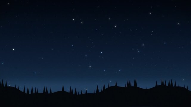 Night sky with stars and silhouette of trees. 2d animation