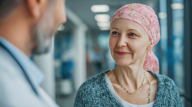 Smiling cancer patient wearing pink headscarf in hospital corridor, healthcare support portrait, oncology treatment recovery concept