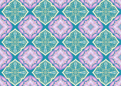 Premium seamless ornamental pattern featuring intricate turquoise and lilac medallions with elegant geometric floral details. This repeating luxury textile design combines classic decorative motifs an