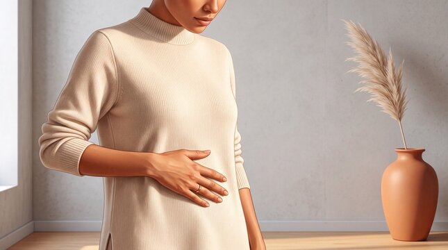 Minimalist woman holding stomach in pain, person suffering from abdominal ache or indigestion, health and wellness concept