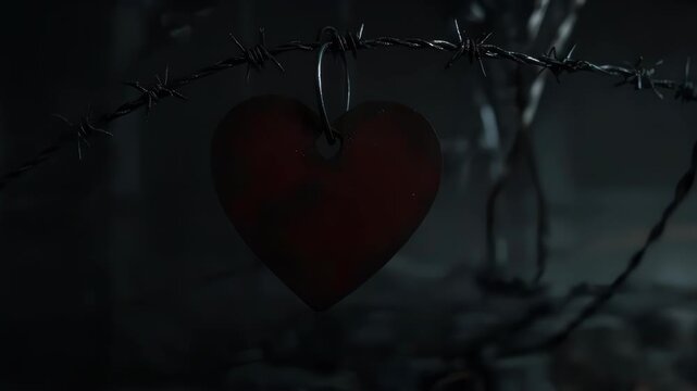 Heart Hanging on Barbed Wire Fence.