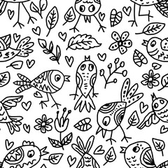 Obraz premium Hand-drawn black and white bird and floral seamless pattern background