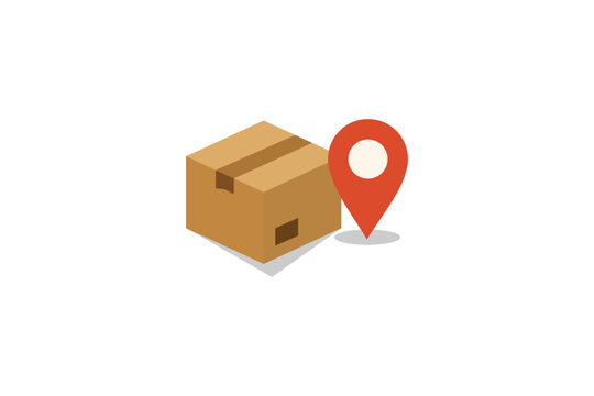 Isometric cardboard box and red map pin icon. Simple flat vector illustration for parcel tracking, logistics, shipping address, and delivery location.