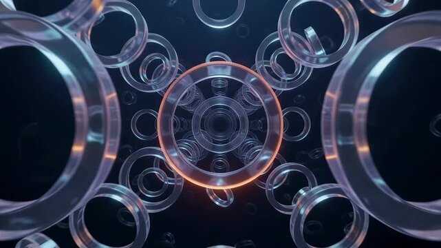abstract glass rings tunnel futuristic motion transparent geometry depth orbit Floating forms travel along a dark radial corridor creating immersive energy for technology branding and modern design
