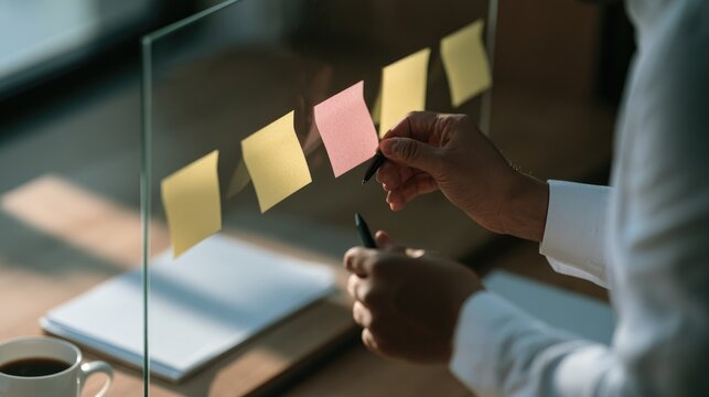 Business professional planning with sticky notes on glass board.