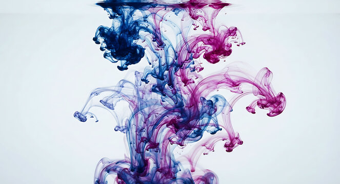Abstract background featuring swirling blue and purple ink clouds dissolving in clear water with white backdrop