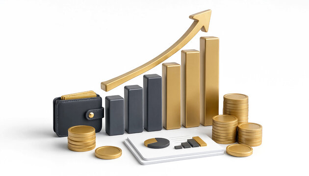 3D financial growth chart with golden coins and wallet representing business investment success and profit increase transparent background