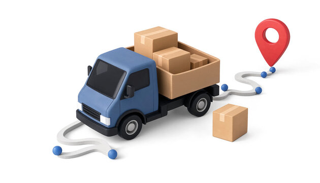 3D illustration of a blue delivery truck carrying cardboard boxes along a navigation path with a location pin transparent background